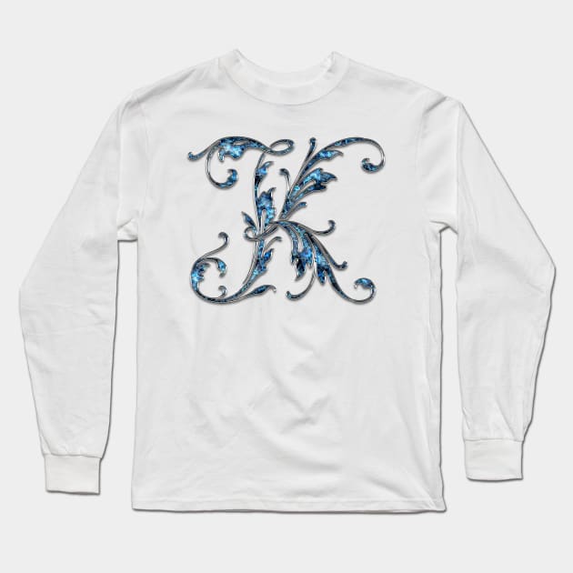 Ornate Blue Silver Letter K Long Sleeve T-Shirt by skycloudpics